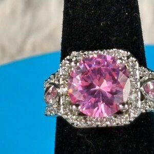 Luminous Pink: Lab-Created Sapphire & .925 Sterling Silver Halo Ring size 7